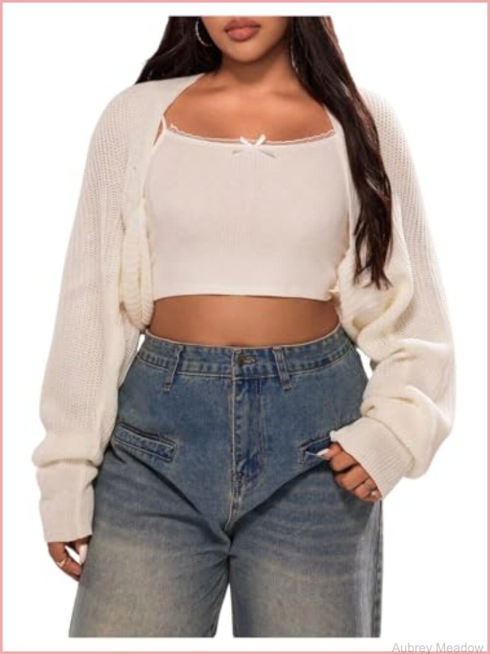 Women's Plus Size Open Front Knit Cropped Cardigan Shrug Long Sleeve
